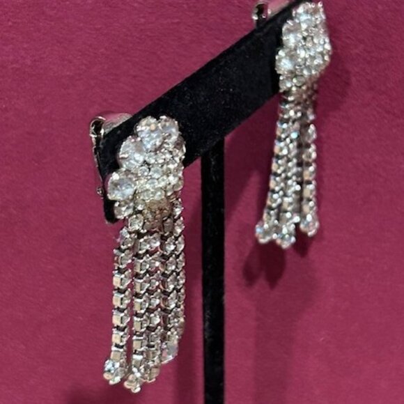 ALBERT WEISS Clear Rhinestone Dangling Black Tie Wedding EARRINGS - Picture 7 of 10